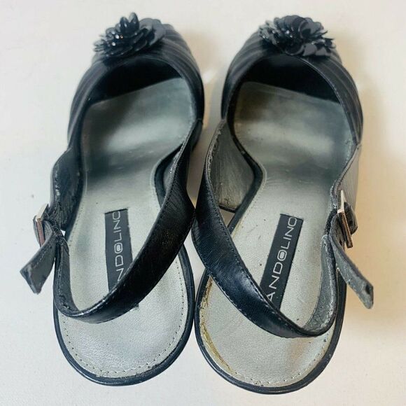 Bandolino Black Leather Women’s Size 8.5M Sling Back Open Toe Floral Accent Heel - Picture 8 of 10